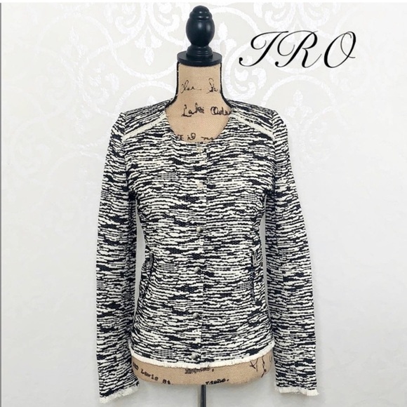IRO BLACK AND WHITE COTTON BLEND WOVEN ZIP FRONT JACKET WITH POCKETS SIZE 6 - Picture 3 of 12